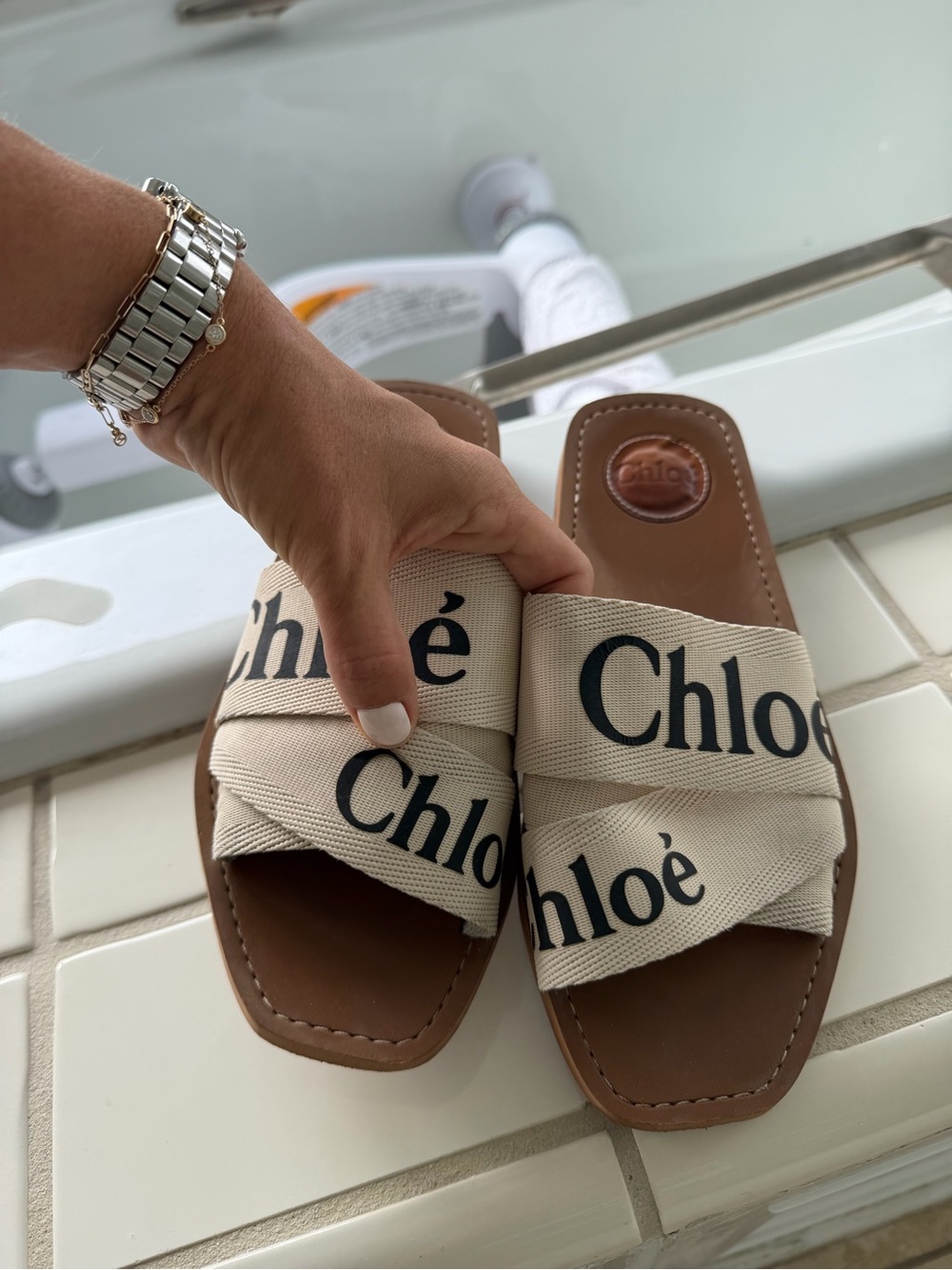 Chloé Beige Logo Canvas Cross-Strap Slide Sandals